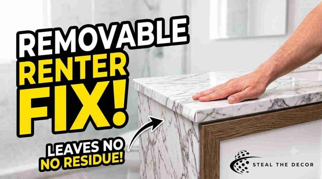Applying contact paper on bathroom vanity cabinet door using a squeegee tool to smooth out air bubbles step by step