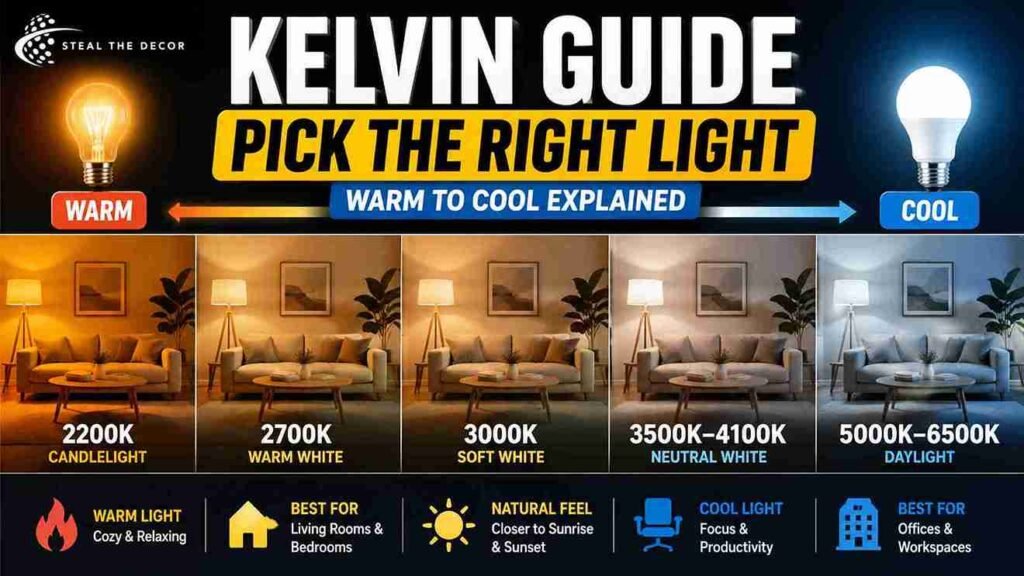 Comparison of 2700K vs 5000K light bulbs demonstrating the best Kelvin for living room warmth and comfort