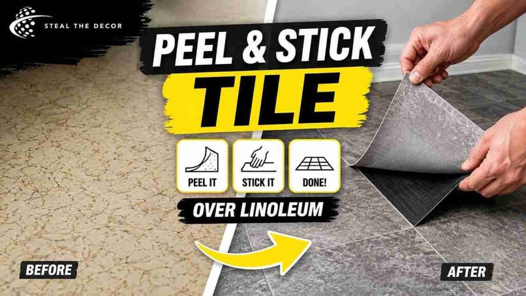 Peel-and-stick tile over linoleum before and after in a rental kitchen