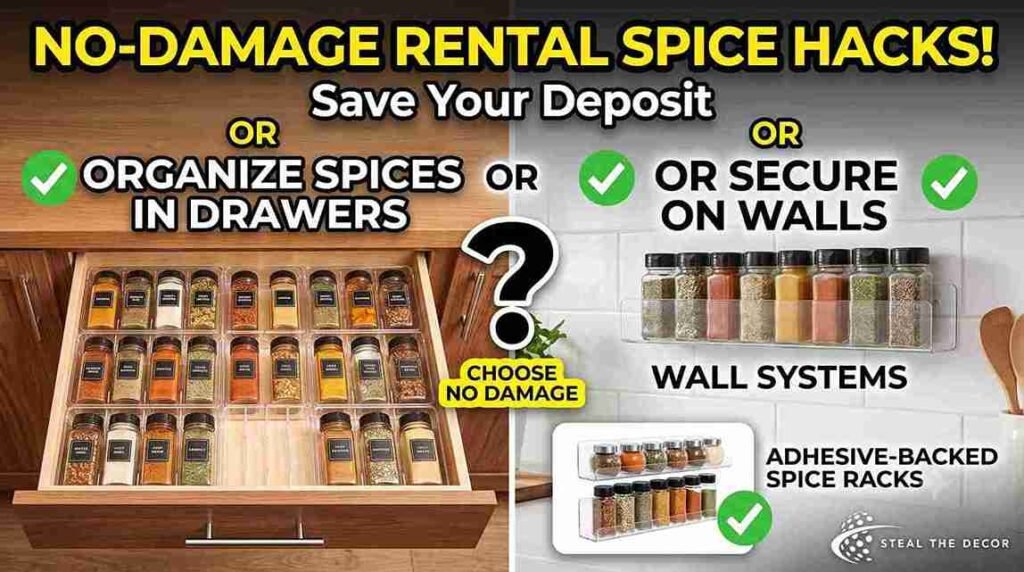 organizing spices in a rental — drawer vs. wall acrylic insert system inside a small kitchen drawer