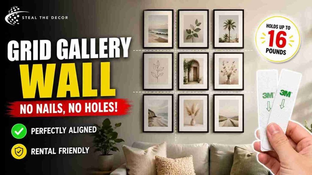 Failed adhesive strip on a fallen frame, demonstrating what to avoid when learning how to create a grid gallery wall with adhesive strips