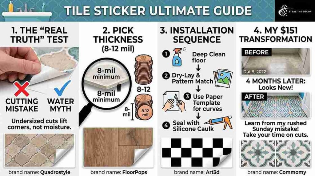 DIY tile stickers bathroom floor transformation step by step process