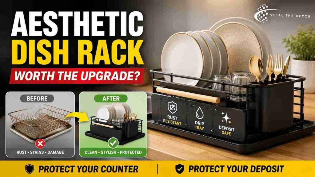 stainless steel aesthetic dish rack on counter