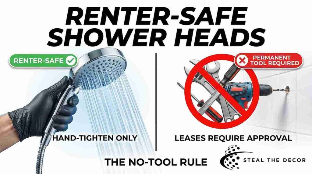 A renter replacing an old bathroom fixture with a high-pressure shower head for apartments using plumber's tape.