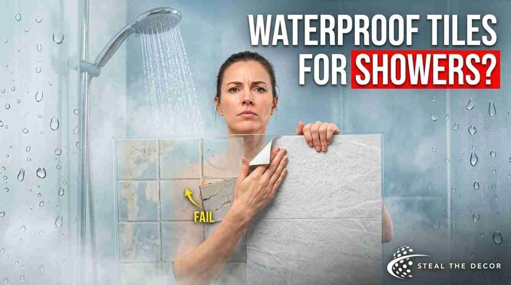 Step-by-step installation of waterproof peel-and-stick tiles for showers using smoothing tool