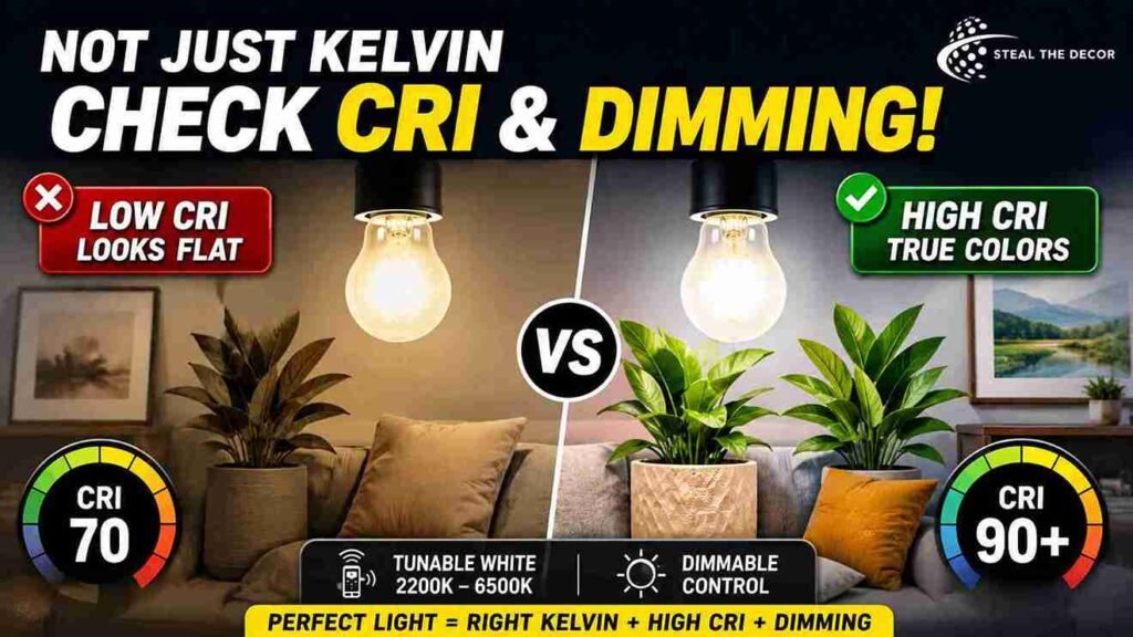 Cozy rental living room lit with 2700K warm white bulbs, illustrating the best Kelvin for living room lighting