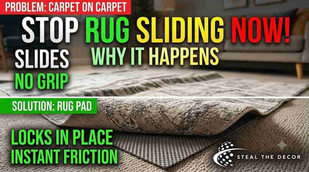 Before and after comparison showing how to keep rug on carpet from bunching using a felt-and-rubber rug pad and corner tape