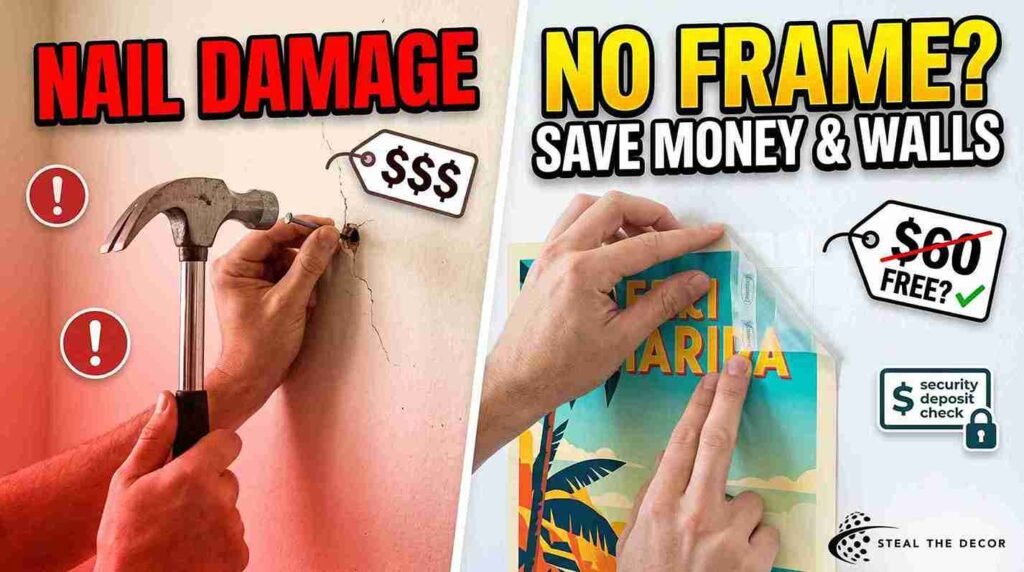 DIY renter-friendly method showing how to frame a poster cheap without a frame with foam board floating mount