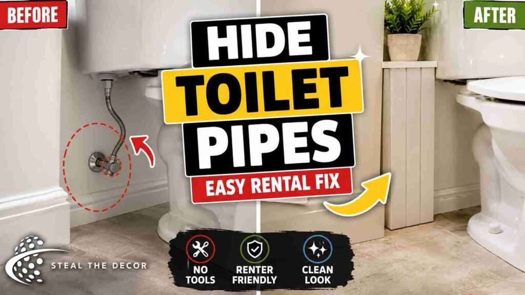 Renter-friendly demonstration of how to hide toilet pipes behind a tension-mounted fabric skirt without drilling into drywall
