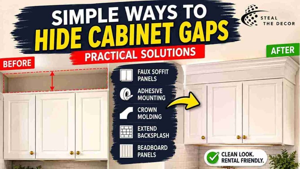 DIY faux soffit panel installation showing how to utilize space above kitchen cabinets without drilling or permanent changes