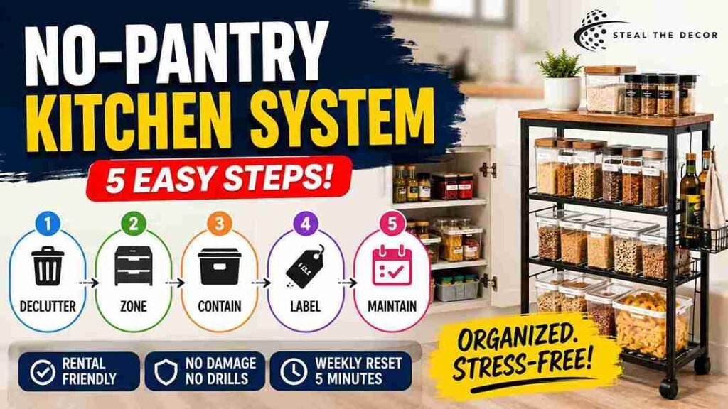 Step-by-step guide on how to organize a small kitchen without a pantry with labeled zones and shelf risers