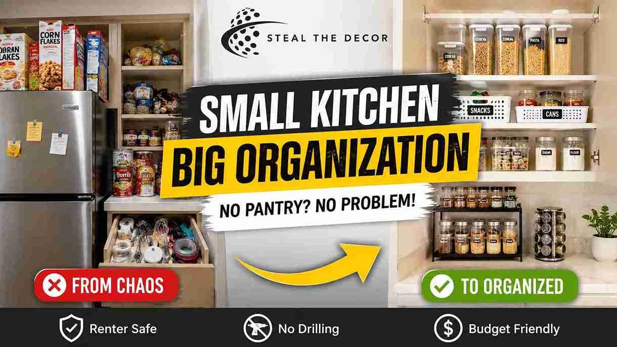 how to organize a small kitchen without a pantry using stackable clear bins and a rolling cart