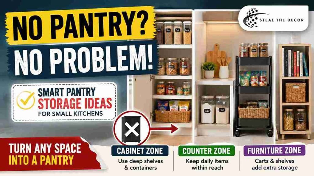 before and after of how to organize a small kitchen without a pantry in a rental apartment