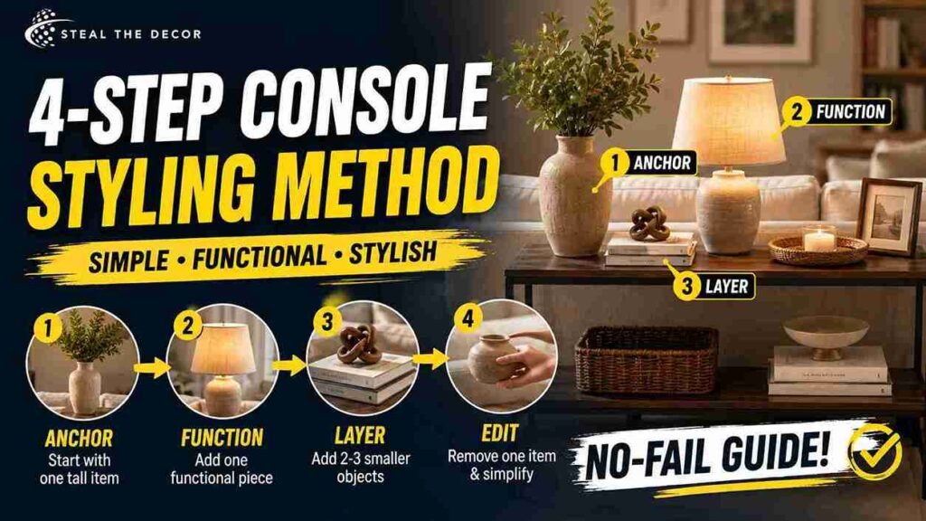 how to style a console table behind a sofa