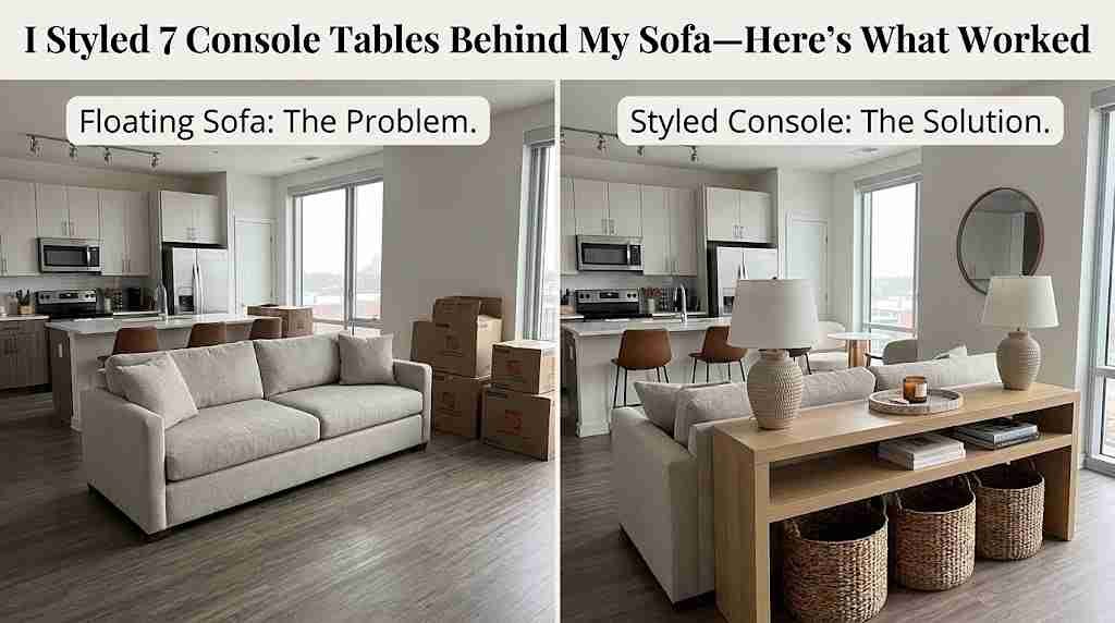 how to style a console table behind a sofa