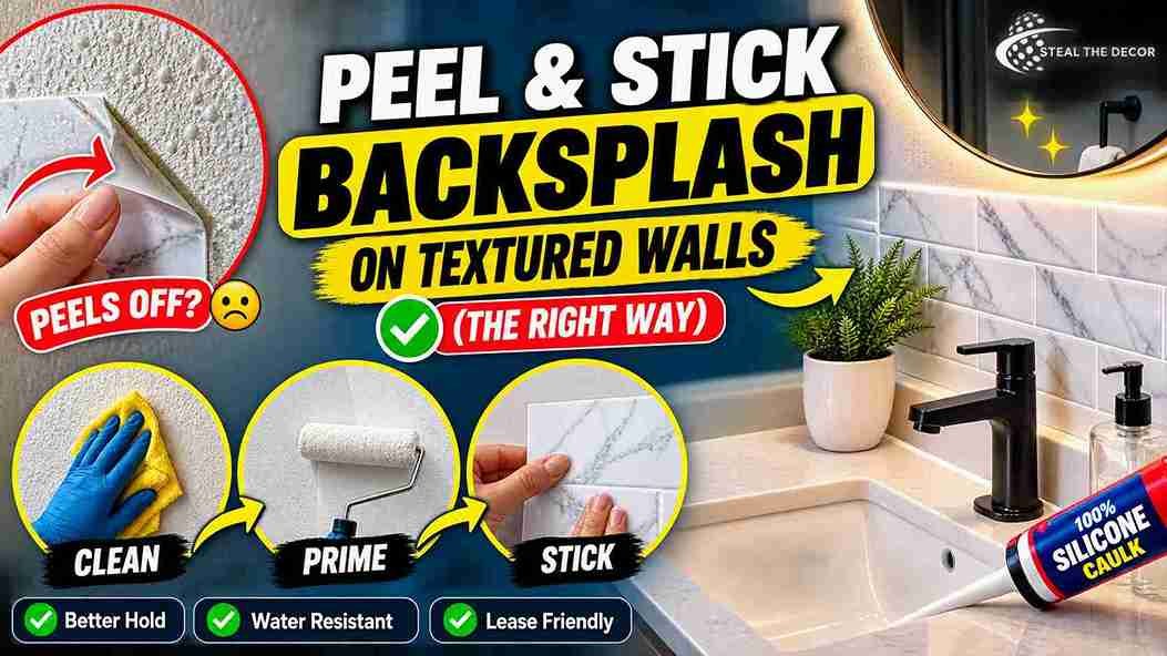 peel and stick backsplash on textured bathroom walls