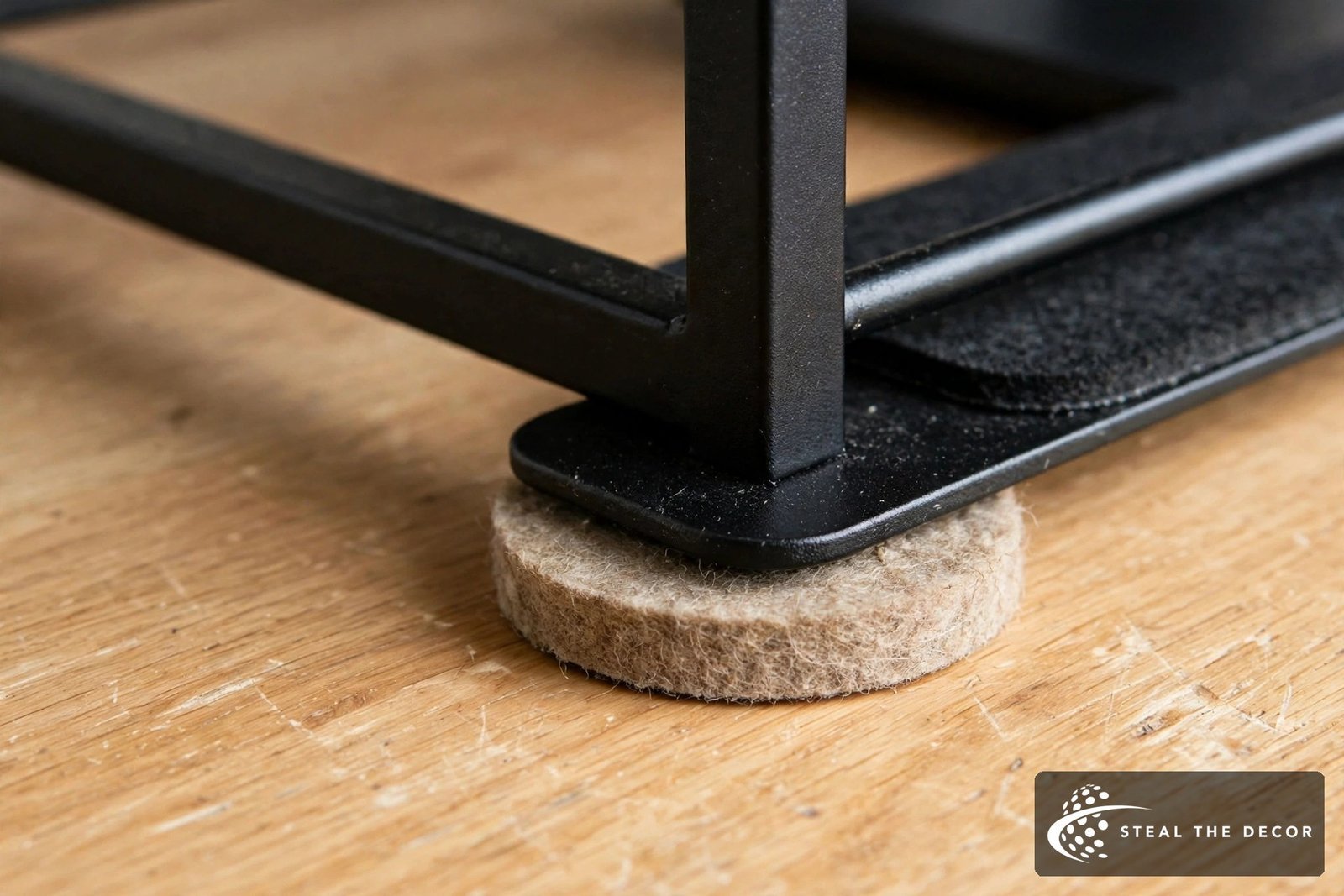 felt pads under a desk riser base protecting a wooden rental desk