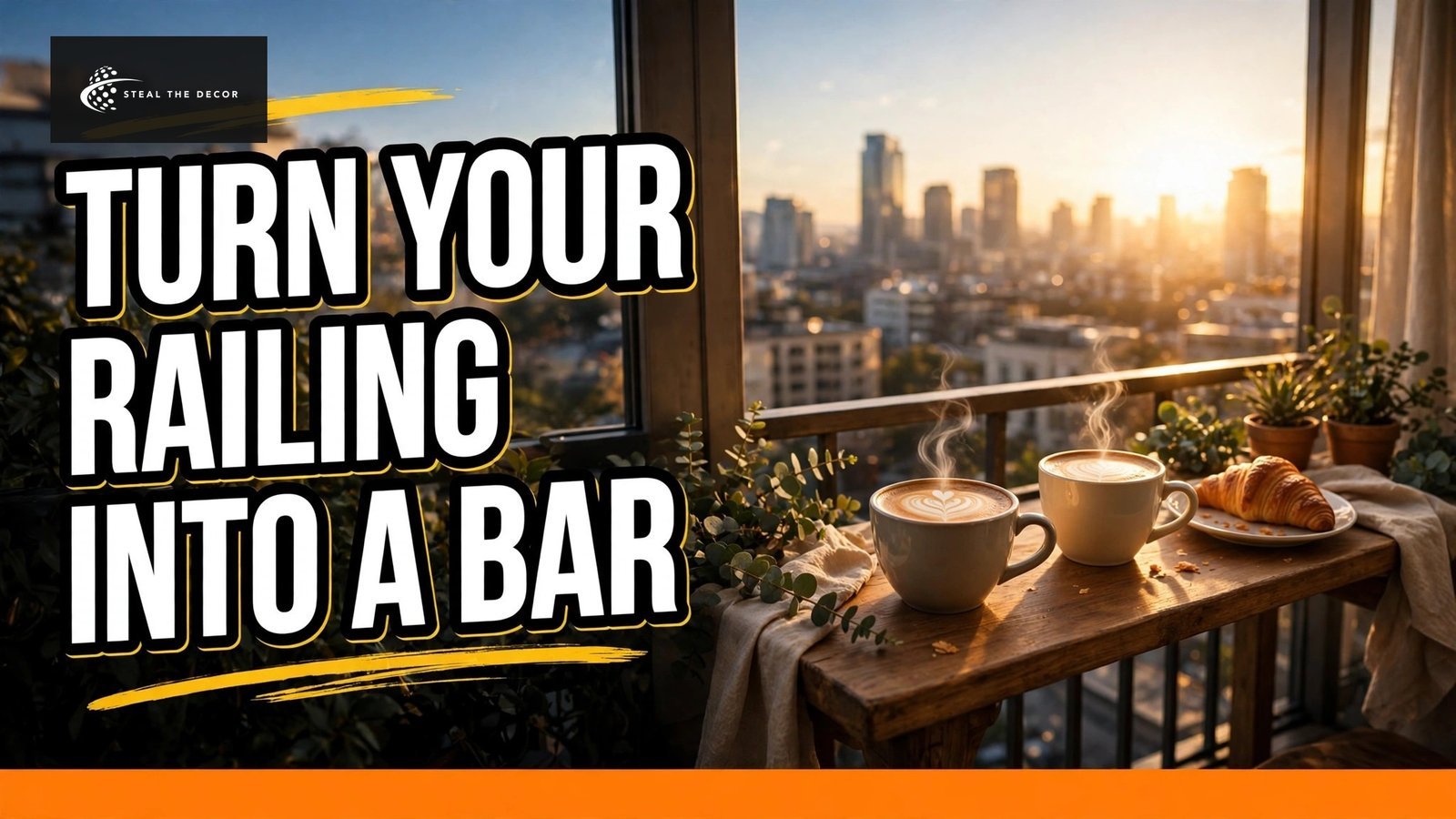 Balcony railing table mounted on an apartment balcony railing holding coffee cups at golden hour