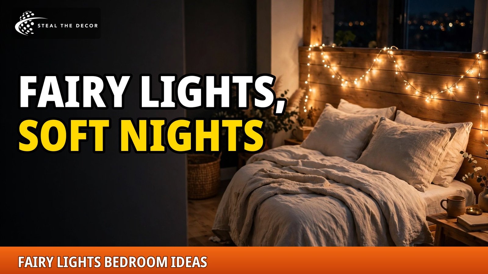 Fairy lights bedroom ideas: headboard with warm white fairy lights glowing at night