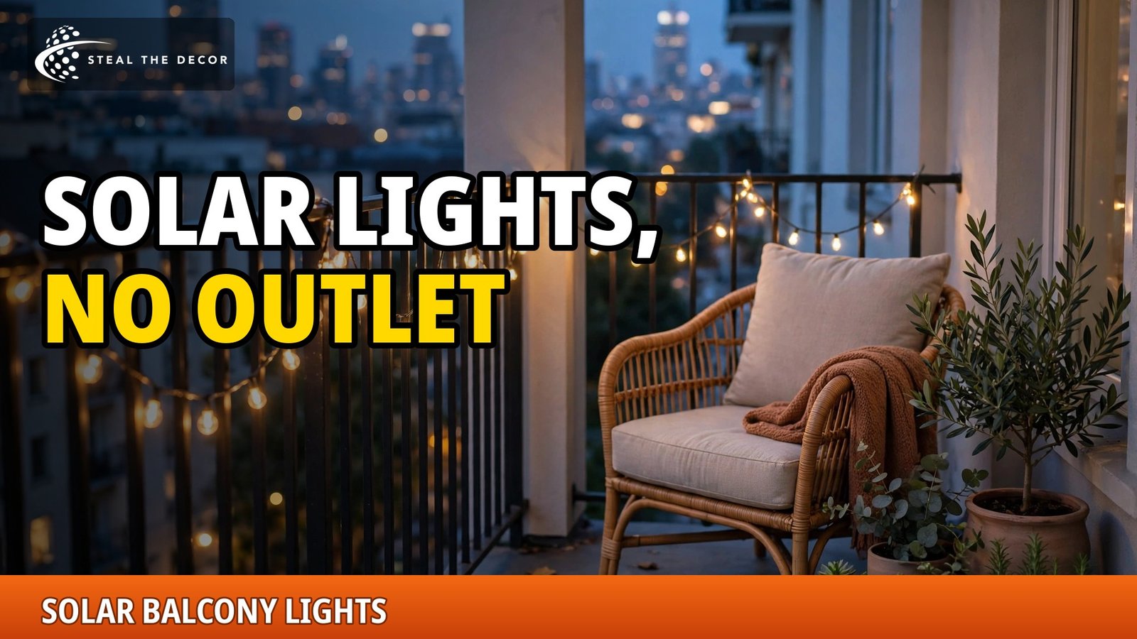 Solar balcony lights: warm string lights along a small balcony railing at dusk