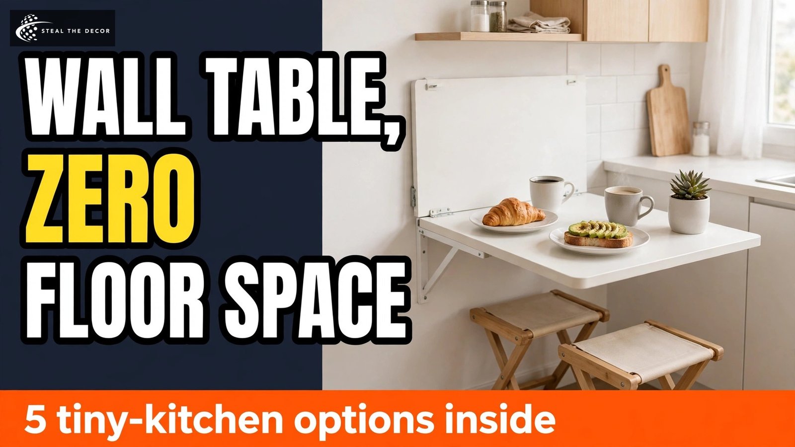 Wall mounted drop leaf table open with breakfast in a small kitchen