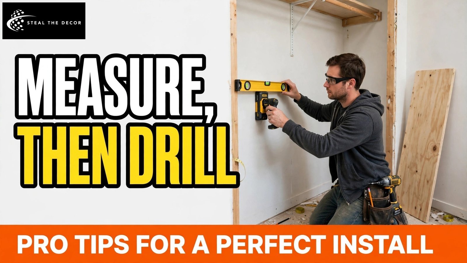 Measuring a closet wall with a level for a floating desk