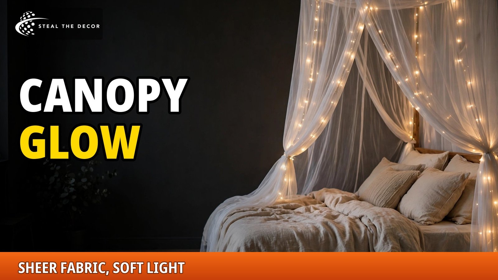 Fairy lights bedroom ideas: bed with a sheer canopy drape and fairy lights