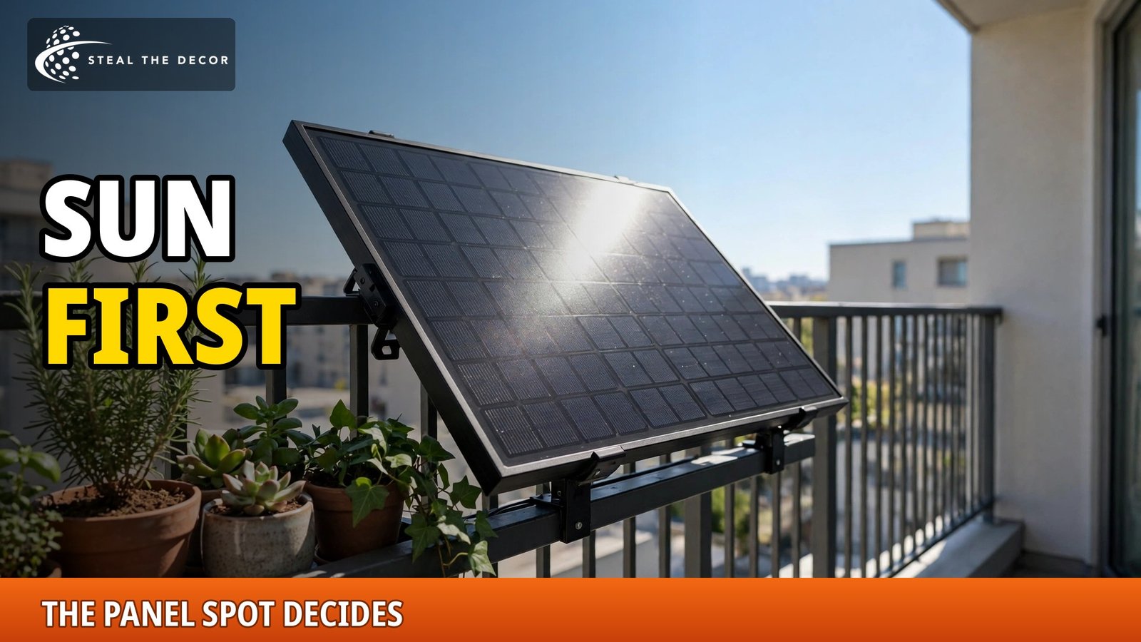 Solar panel angled to the sun on a balcony railing