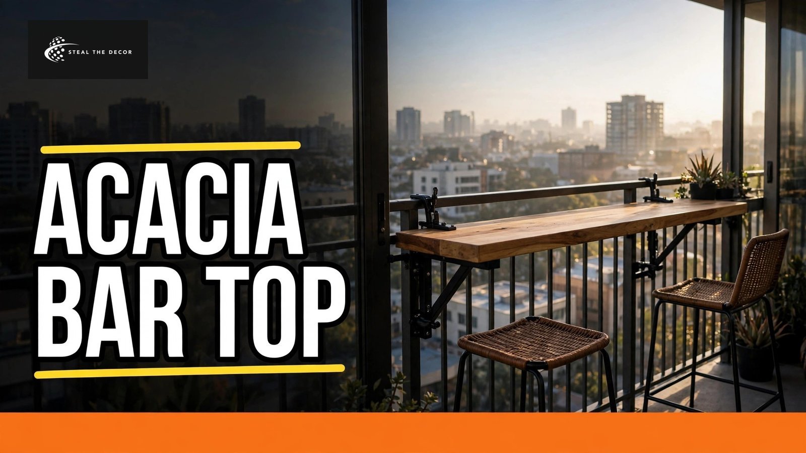 Acacia wood balcony railing bar table with black steel brackets on a small balcony