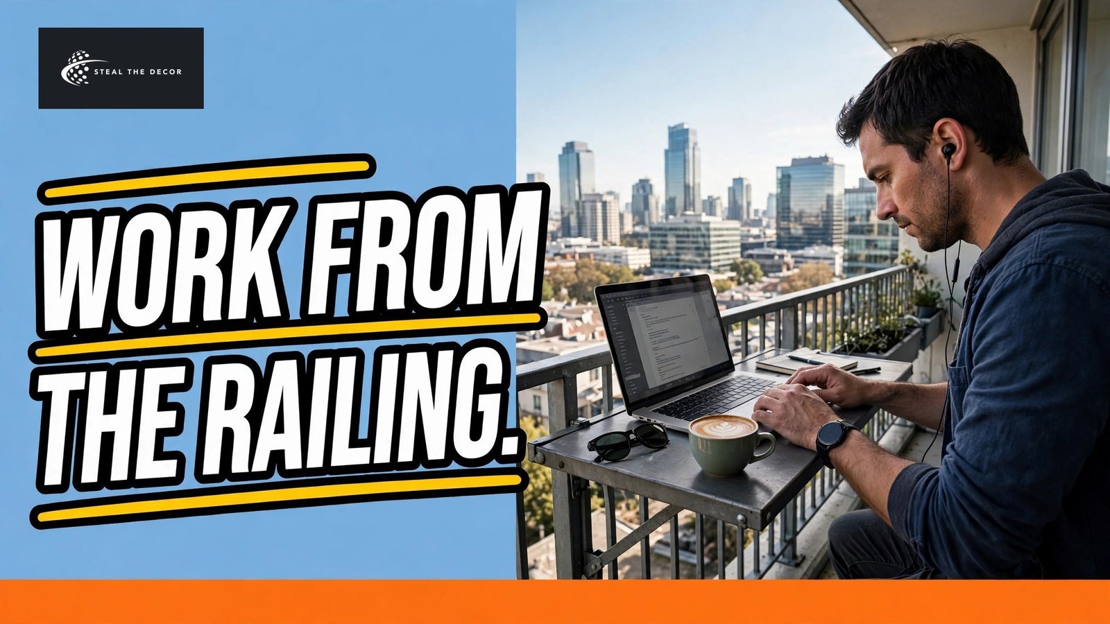 Wide metal balcony railing table holding a laptop and coffee for outdoor work