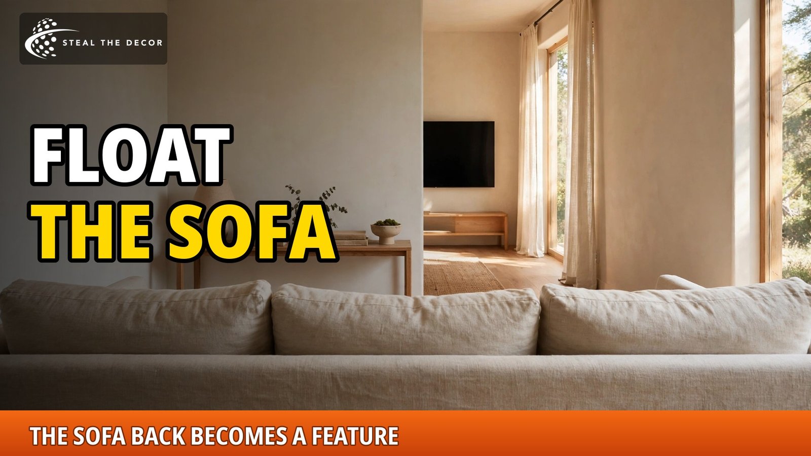 Floated sofa with a slim console table behind it in a narrow living room