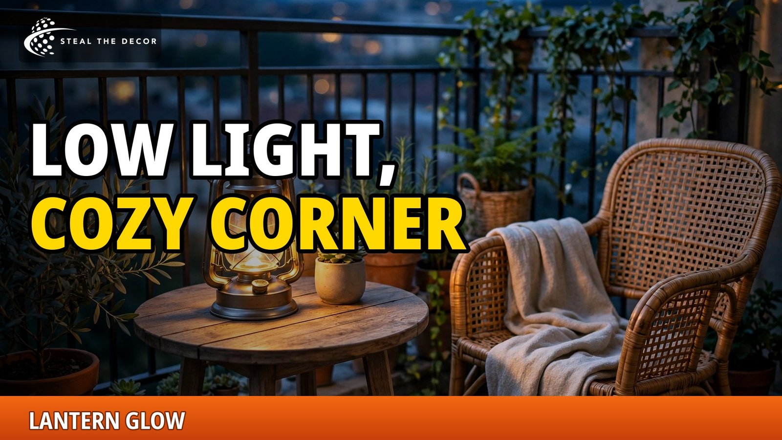 Solar balcony lights: a lantern glowing on a small balcony table beside a chair