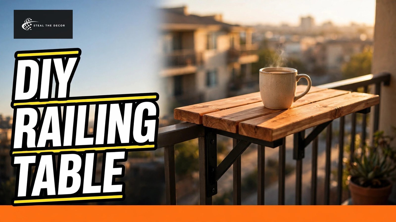 DIY wooden balcony railing table made from cedar boards clamped to a railing