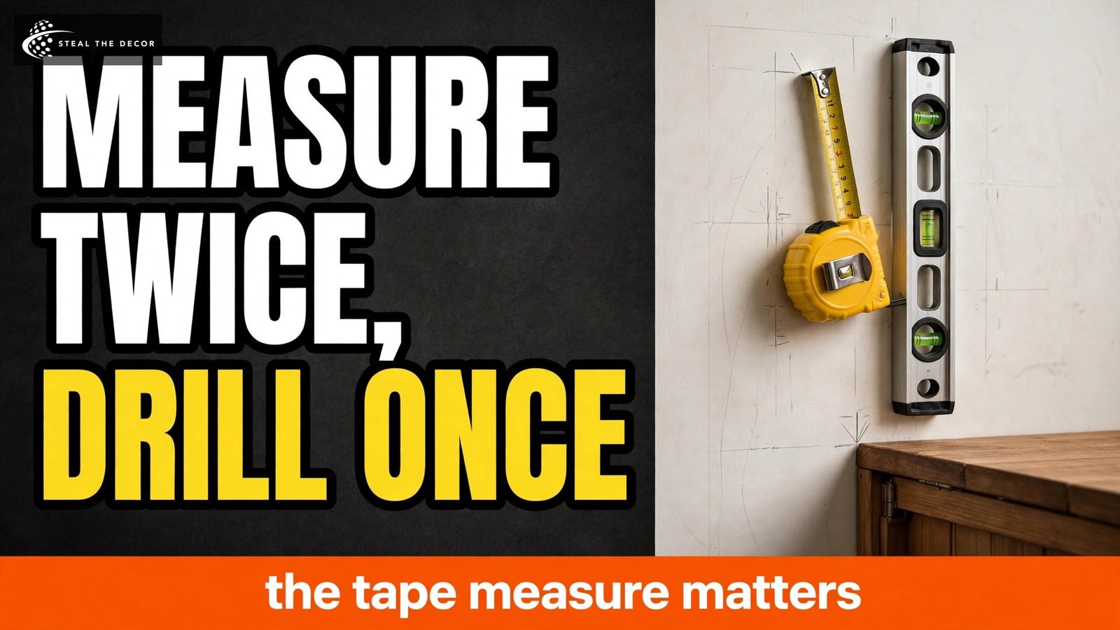 Tape measure and level marking a kitchen wall for a fold-down table