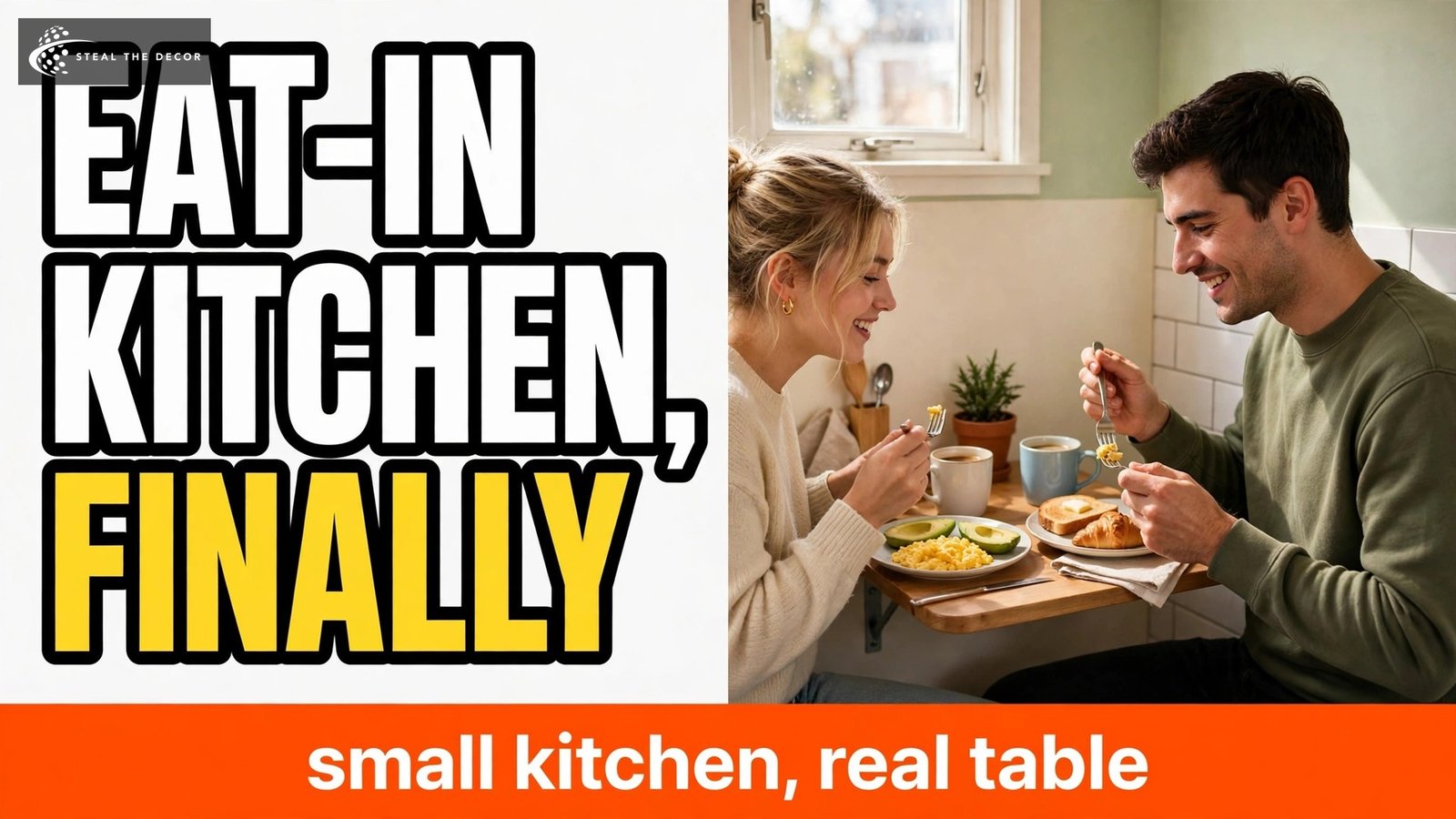 Two people eating breakfast at a wall mounted drop leaf table in a tiny kitchen