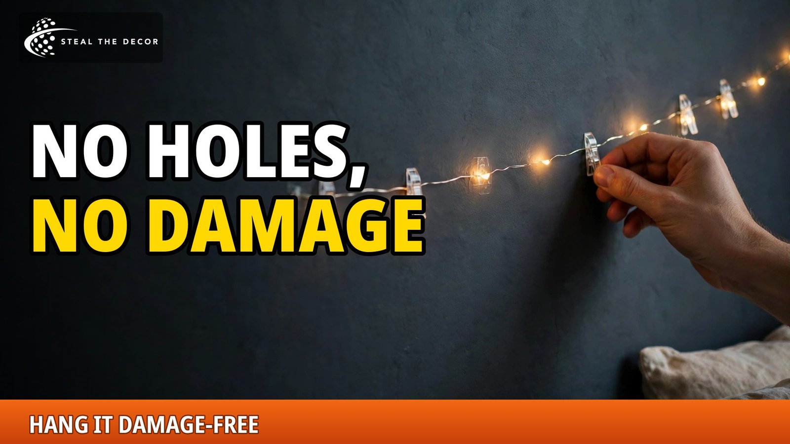 Hands hanging fairy lights with clear adhesive clips on a wall