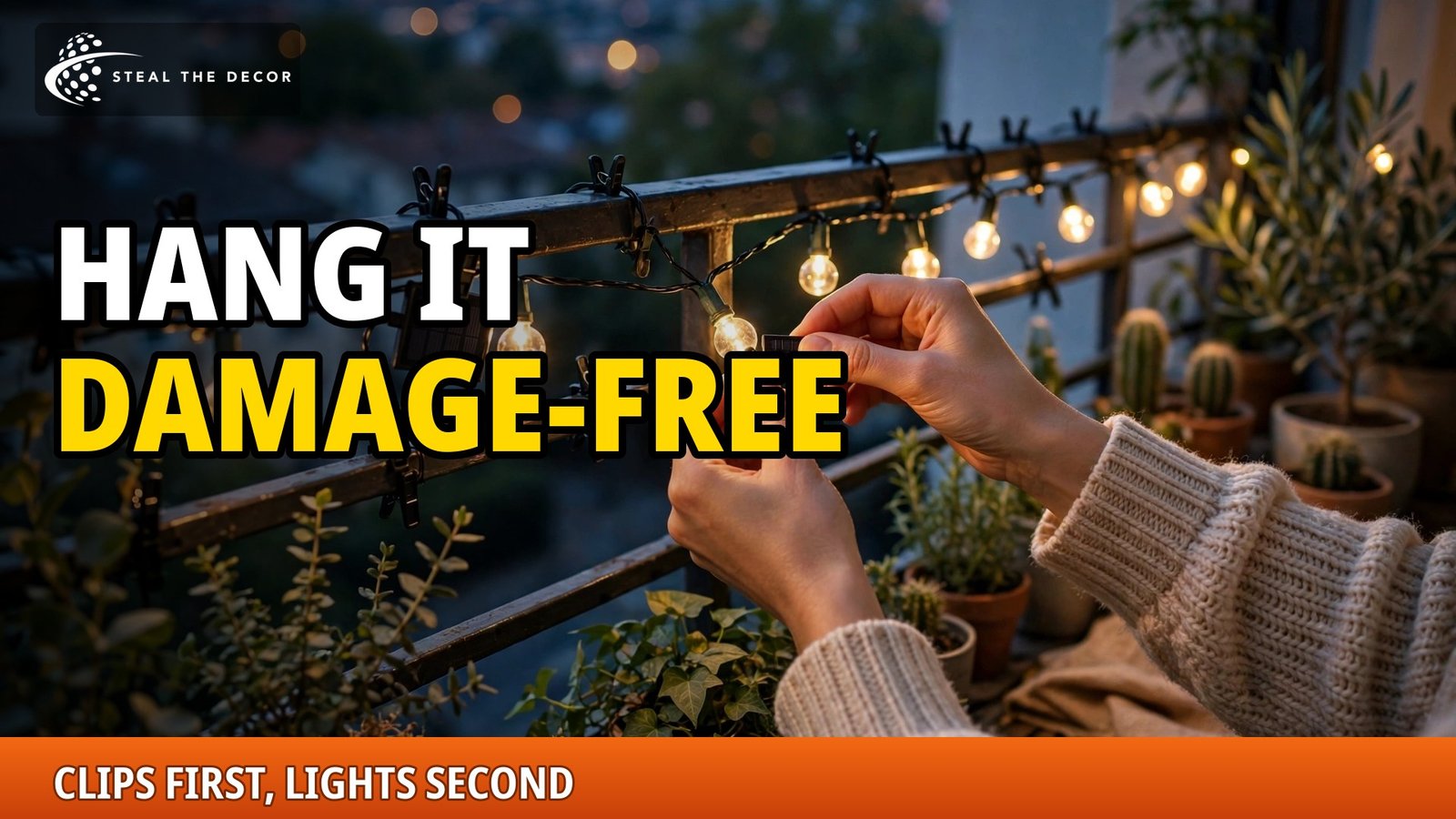 Hands hanging solar string lights with railing clips on a balcony