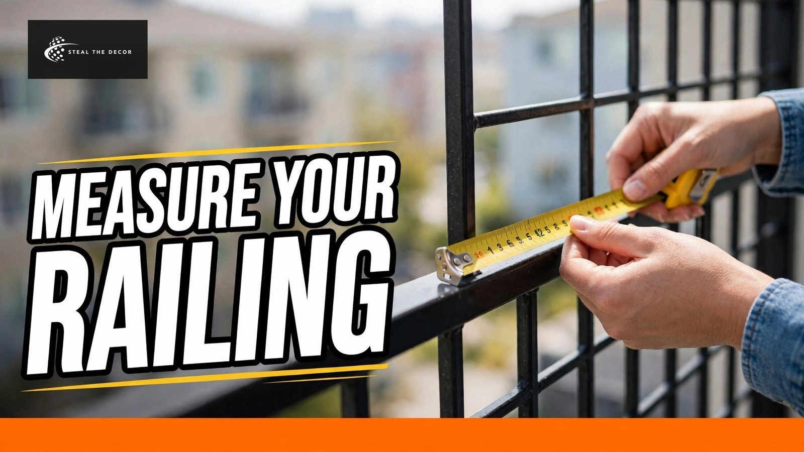Measuring a balcony railing width with a tape measure before installing a railing table