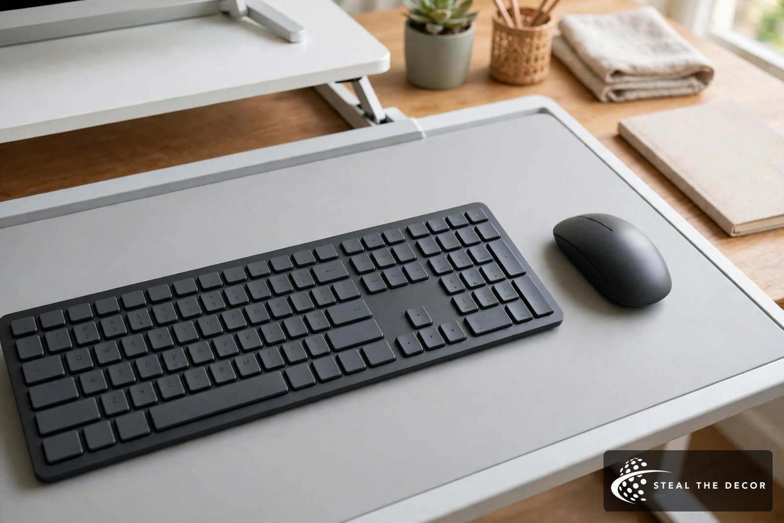full-size keyboard and mouse side by side on a converter keyboard tray