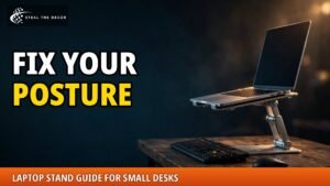 Laptop on an adjustable stand at eye level on a small apartment desk