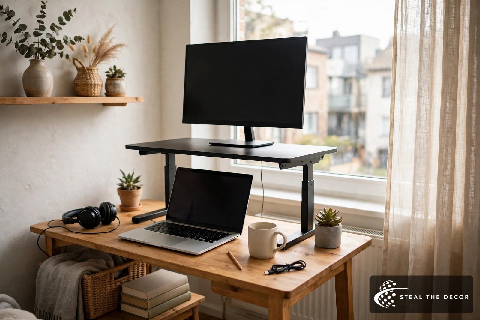 standing desk converter on a small apartment desk with a laptop and monitor